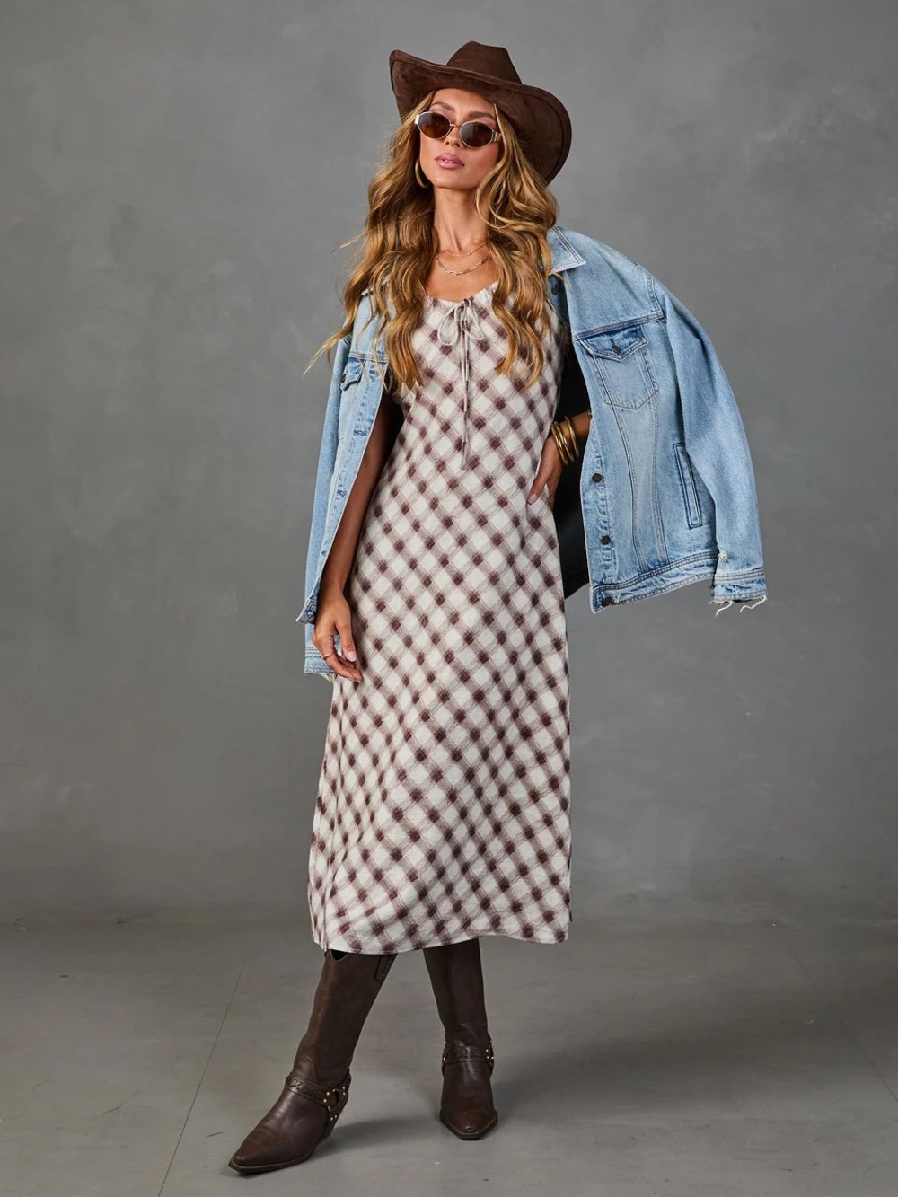 Vici Brown Plaid Midi Slip Dress